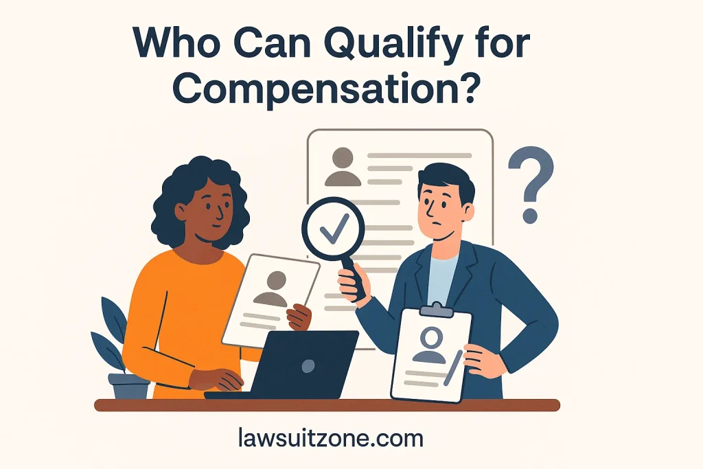 Illustration showing claimants checking eligibility forms for the Google class action lawsuit, featuring law and document icons with lawsuitzone.com text at the bottom.