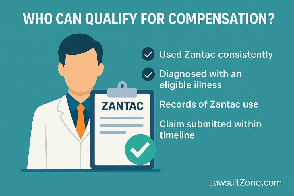 Illustration showing a doctor holding a clipboard labeled Zantac with eligibility checklist for compensation.