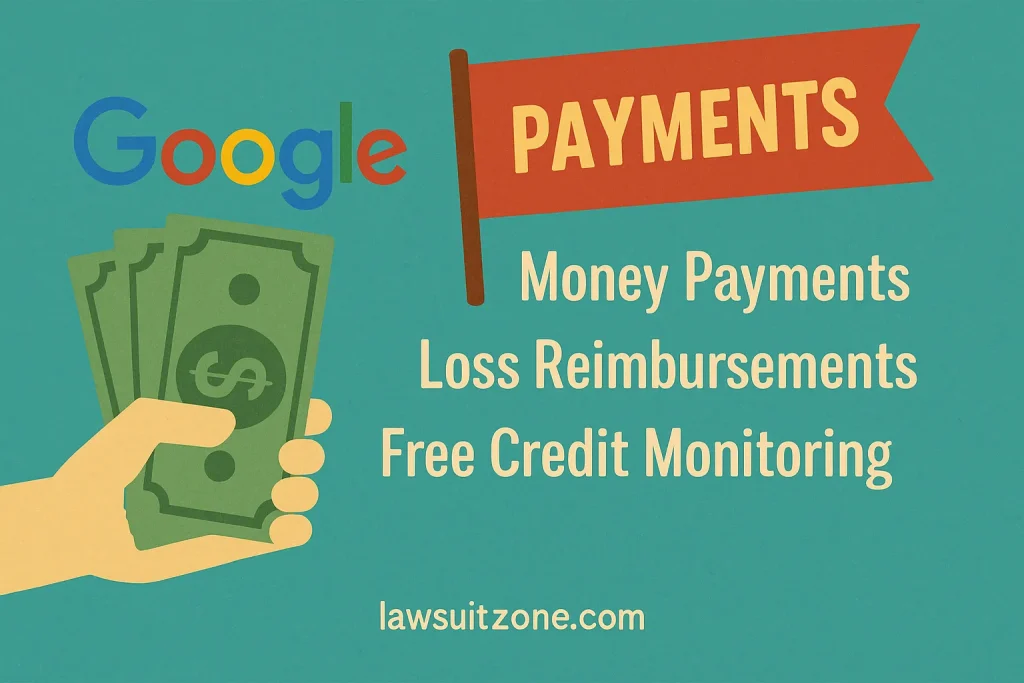 Flat digital illustration showing people analyzing a computer screen with Google’s faded logo, symbolizing user concerns about privacy and data collection, with lawsuitzone.com at the bottom.