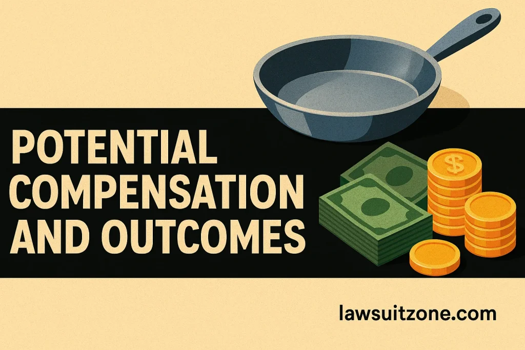 Digital illustration showing a frying pan beside stacked money and coins, symbolizing financial settlement and compensation in the HexClad lawsuit, with lawsuitzone.com watermark.