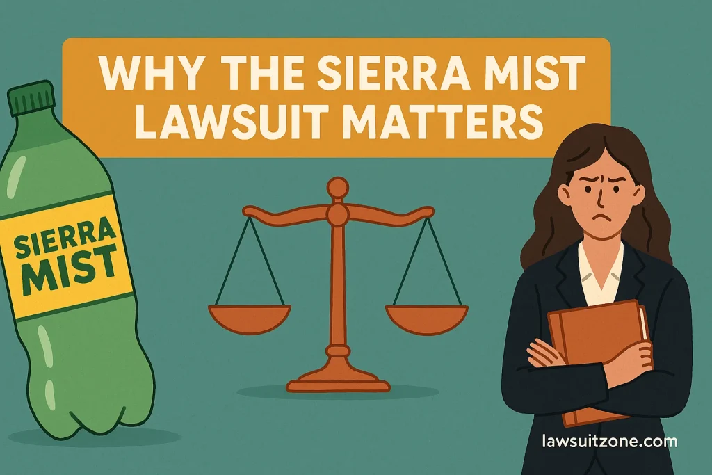 Flat illustration showing a Sierra Mist bottle, a balanced scale of justice, and a concerned woman holding legal documents, symbolizing corporate accountability.