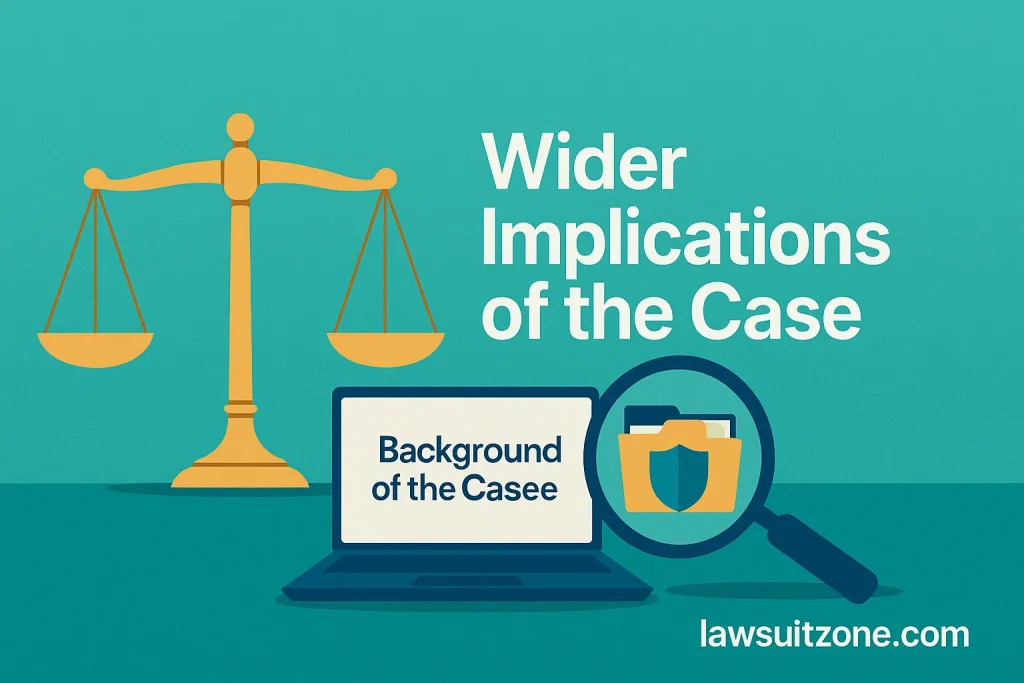 Illustration featuring justice scales, a laptop, and a magnifying glass with file folders representing data protection and broader legal impact.