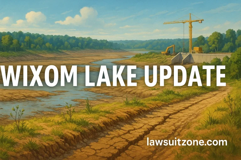 A digital landscape showing Wixom Lake during restoration with cranes, water channels, and greenery returning, symbolizing recovery and progress, with lawsuitzone.com text at the bottom.