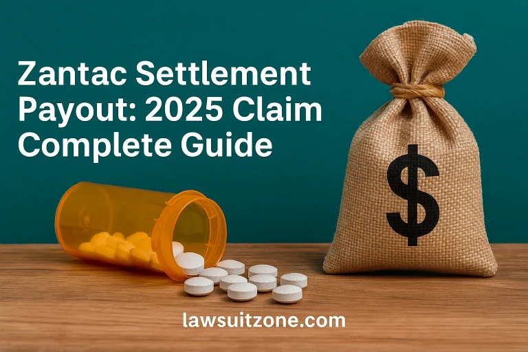 Prescription bottle spilling tablets beside a money bag symbolizing Zantac settlement payout 2025.