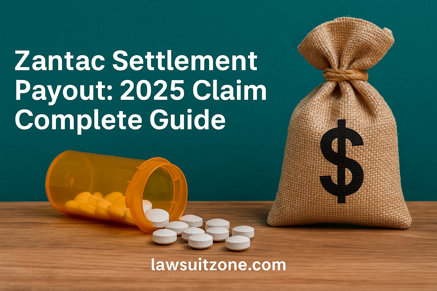Prescription bottle spilling tablets beside a money bag symbolizing Zantac settlement payout 2025.