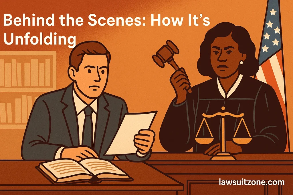 Illustration of a courtroom scene with a lawyer and judge symbolizing the unfolding legal drama.