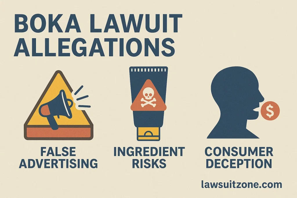 Infographic highlighting Boka toothpaste lawsuit allegations — icons showing false advertising, ingredient risks, and consumer deception, branded lawsuitzone.com.