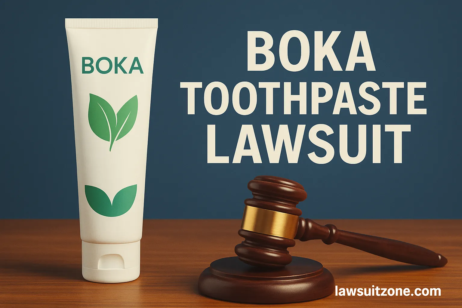 Digital graphic showing Boka toothpaste tube with a judge’s gavel on a courtroom desk, bold text “Boka Toothpaste Lawsuit,” branded lawsuitzone.com.