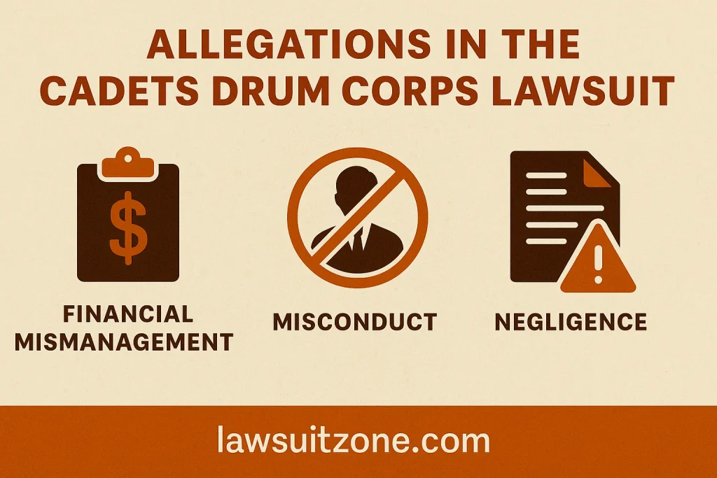 Infographic showing three allegations in the Cadets Drum Corps lawsuit: financial mismanagement, misconduct, and negligence, with clear icons, branded lawsuitzone.com.