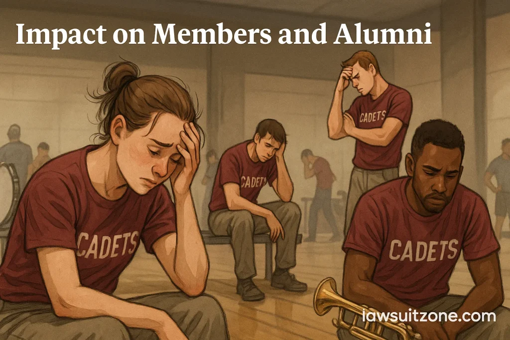 Semi-realistic illustration of Cadets Drum Corps members looking distressed in rehearsal — some sitting with heads down, others frustrated, showing emotional impact, branded lawsuitzone.com.