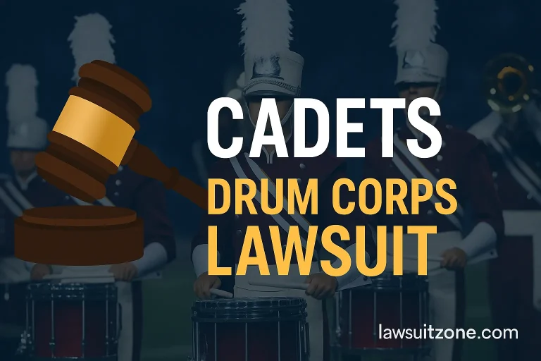 Feature graphic showing Cadets Drum Corps in uniform with a judge’s gavel in front and bold text “Cadets Drum Corps Lawsuit,” branded lawsuitzone.com.