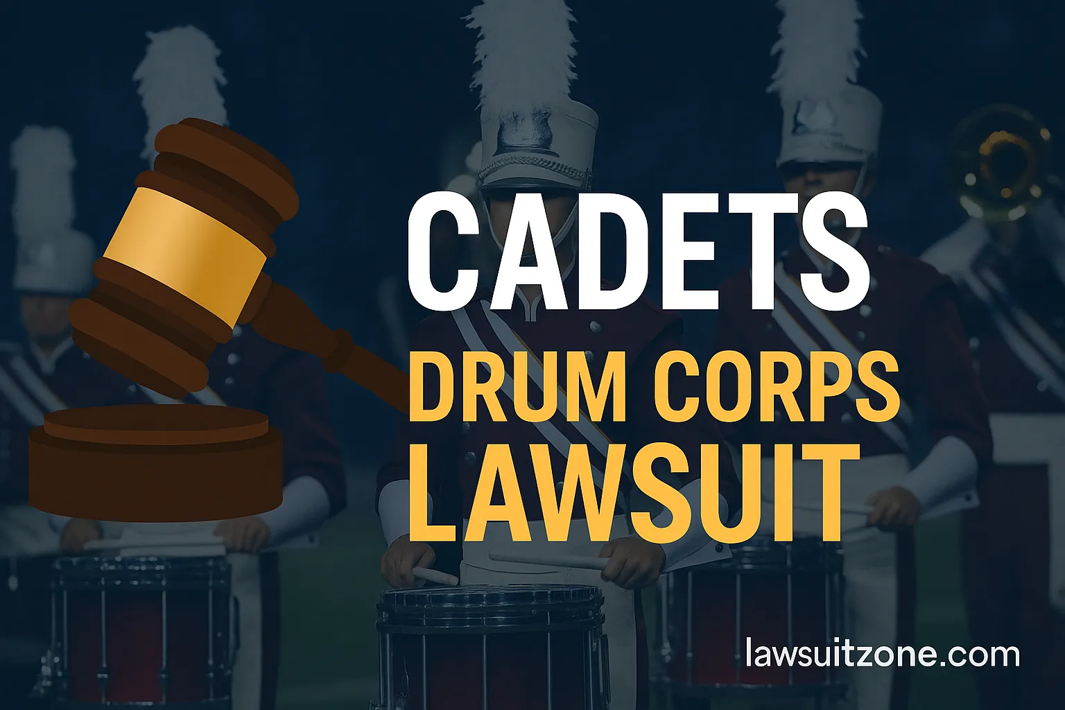 Feature graphic showing Cadets Drum Corps in uniform with a judge’s gavel in front and bold text “Cadets Drum Corps Lawsuit,” branded lawsuitzone.com.