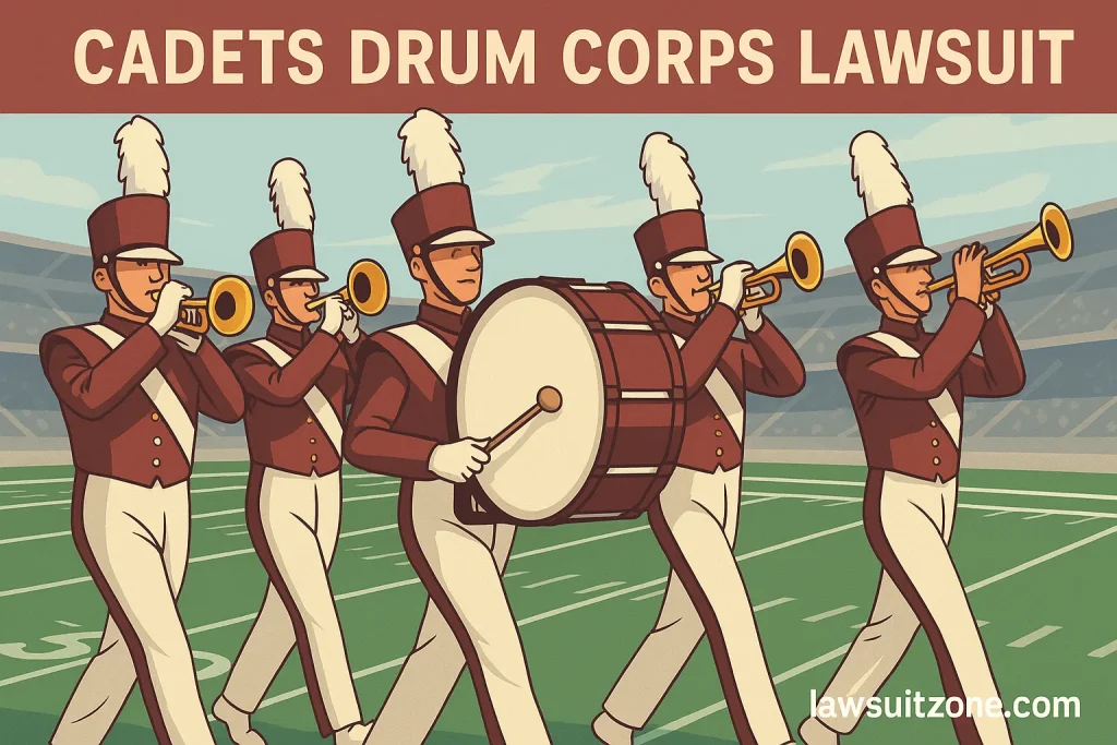 Semi-realistic illustration showing The Cadets Drum Corps marching in traditional maroon and cream uniforms with instruments on a football field, branded lawsuitzone.com.