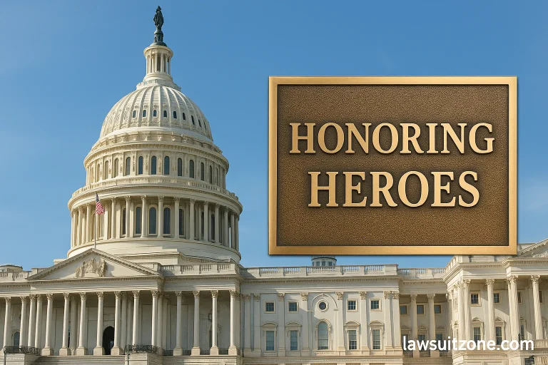 The U.S. Capitol building with a bronze plaque reading 'Honoring Heroes,' representing justice, recognition, and remembrance.