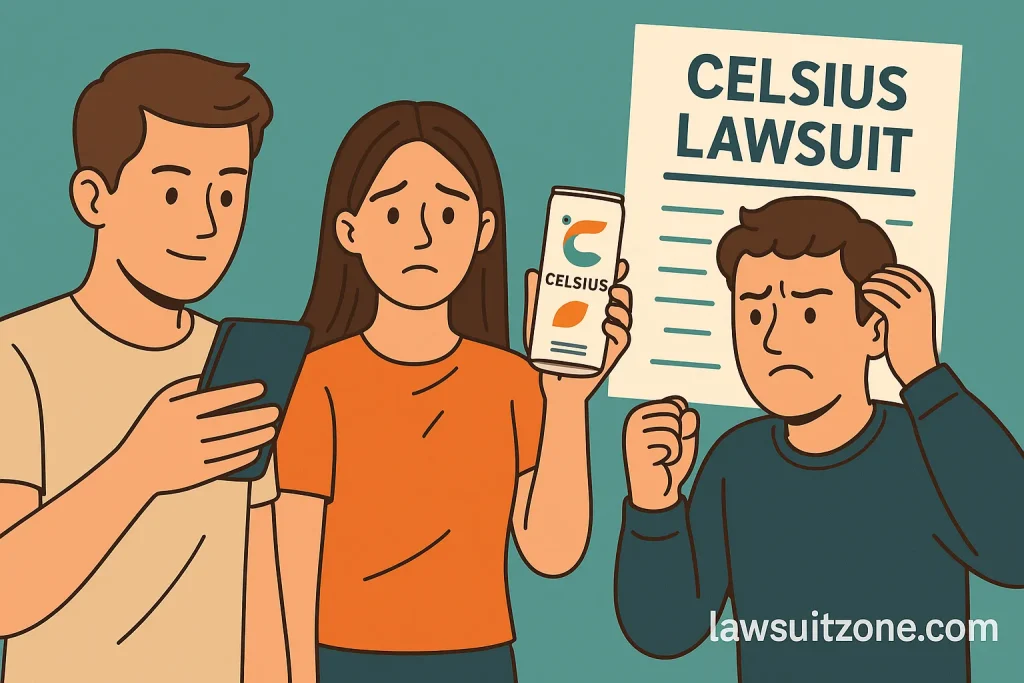 Illustration showing consumers reacting to the Celsius lawsuit — one reading news on phone, another holding a Celsius can with concern, and a third showing frustration near a lawsuit document, branded lawsuitzone.com.