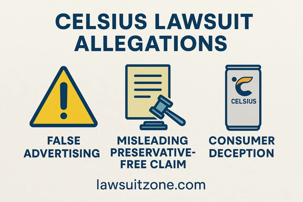 Infographic showing three allegations in the Celsius lawsuit: false advertising, misleading preservative-free claim, and consumer deception, with icons and branding lawsuitzone.com.