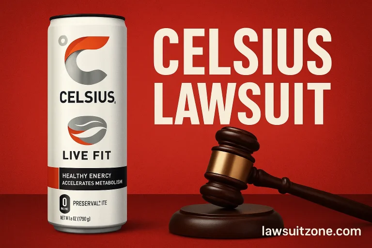 Graphic showing a Celsius energy drink can beside a courtroom gavel with bold text “Celsius Lawsuit,” branded lawsuitzone.com.