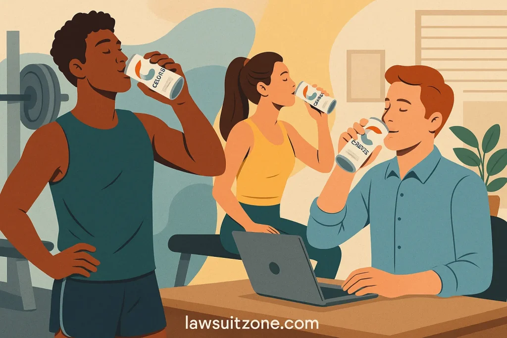 Illustration showing young adults drinking Celsius in gym and office settings, symbolizing its rise in popularity, branded lawsuitzone.com.