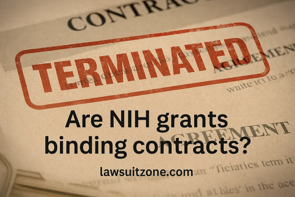 A symbolic legal image showing a “TERMINATED” stamp over contract documents, illustrating the NIH grants termination issue with “lawsuitzone.com” watermark.