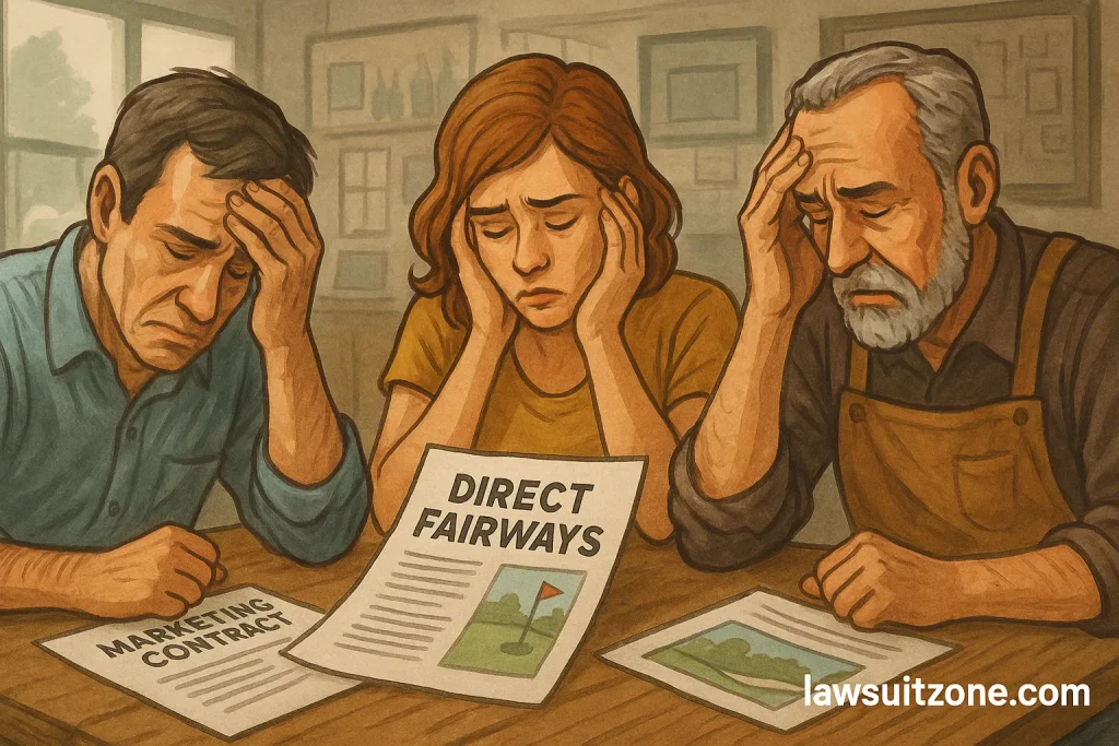 Semi-realistic illustration of distressed small business owners reviewing Direct Fairways marketing contracts, showing frustration and financial strain, branded lawsuitzone.com.