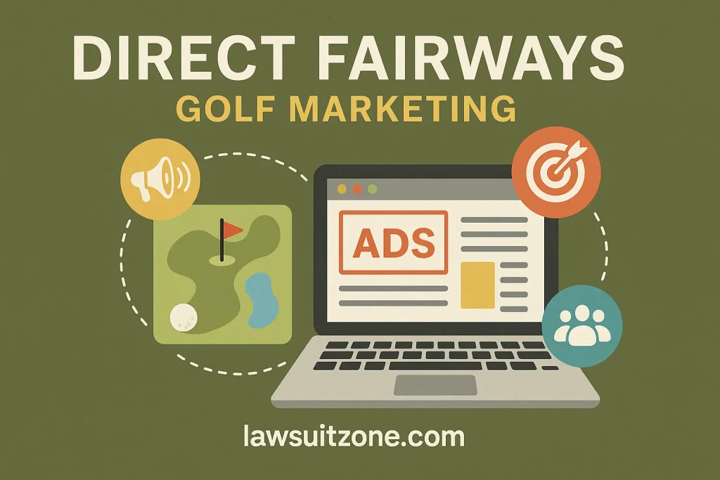 Infographic showing Direct Fairways’ golf marketing services with a laptop, golf course map, and ad icons for outreach, precision, and community, branded lawsuitzone.com.