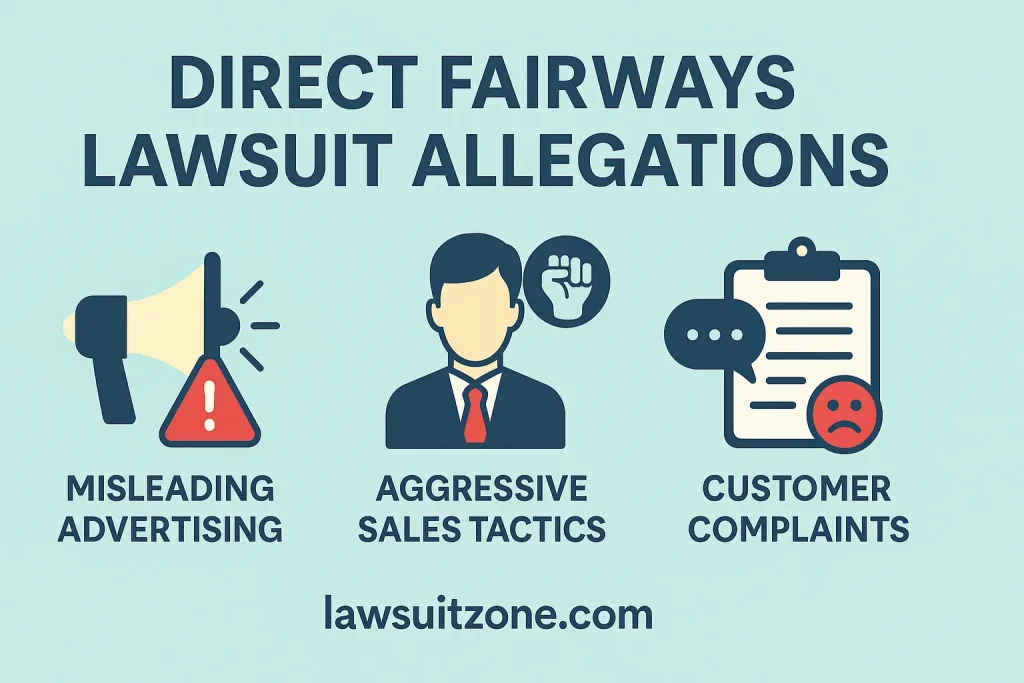 Infographic titled “Direct Fairways Lawsuit Allegations” showing icons for misleading advertising, aggressive sales tactics, and customer complaints, branded lawsuitzone.com.