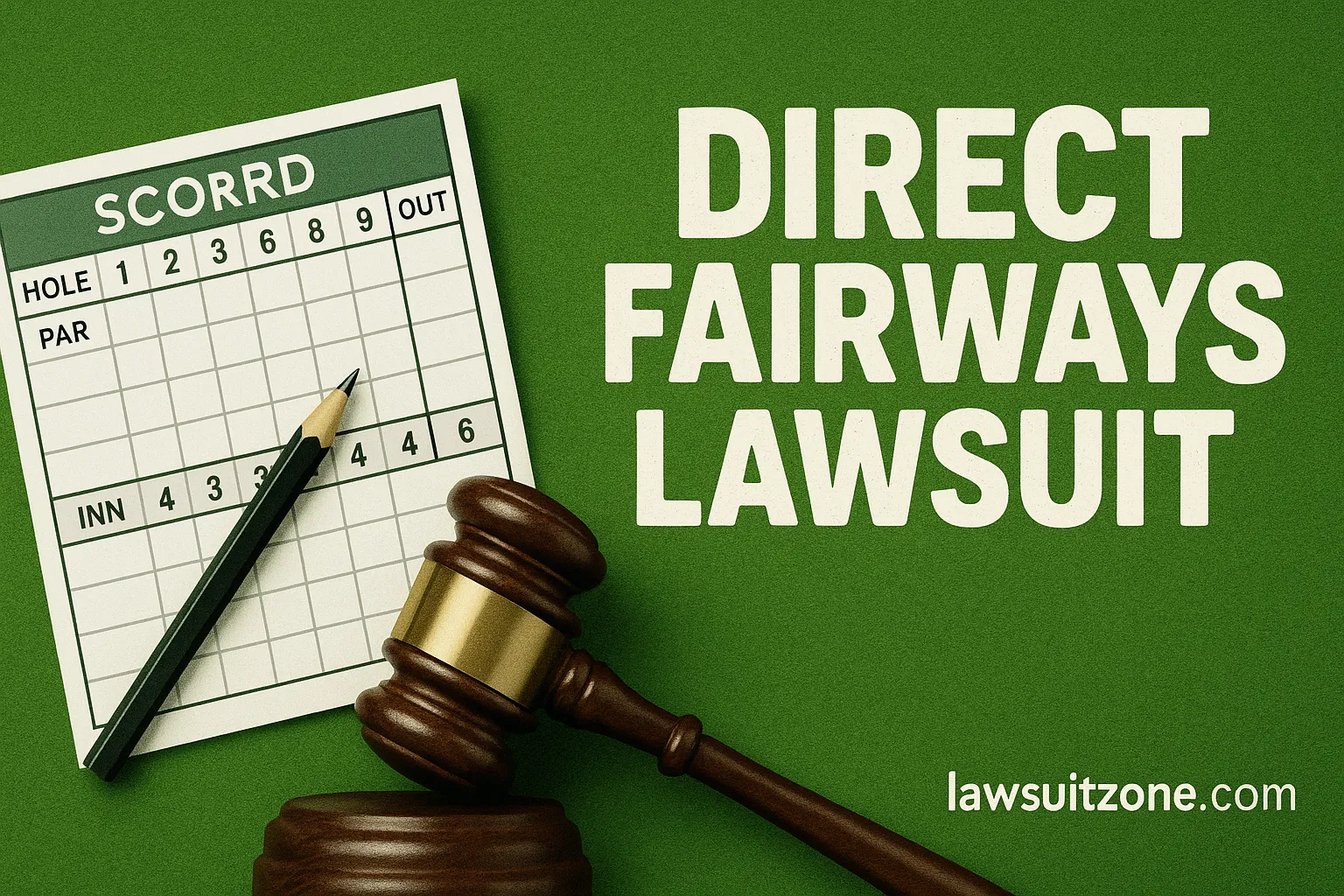 Graphic featuring a golf scorecard, a wooden gavel, and bold text “Direct Fairways Lawsuit” on a grassy green backdrop, branded lawsuitzone.com.