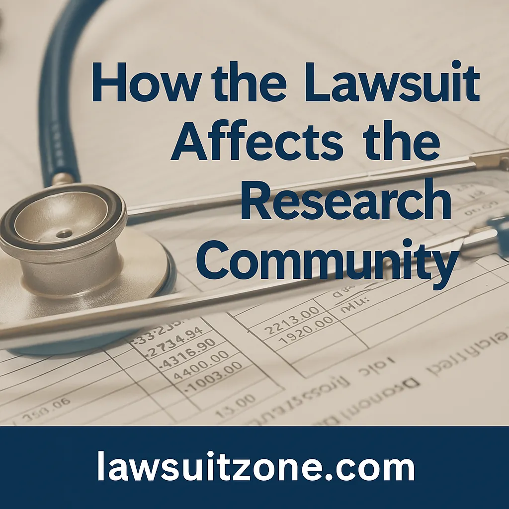 A futuristic research facility blending into symbols of justice and law, showing the intersection between scientific research and legal accountability, with “lawsuitzone.com” watermark.