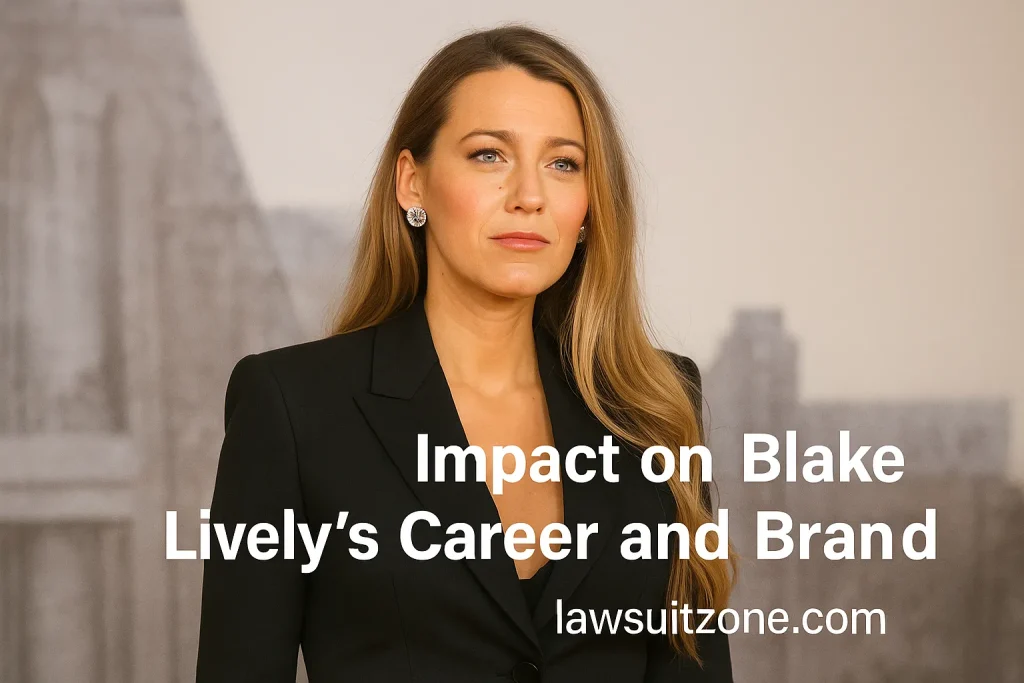 Blake Lively standing confidently at a public event, representing resilience and brand strength amid legal controversy.