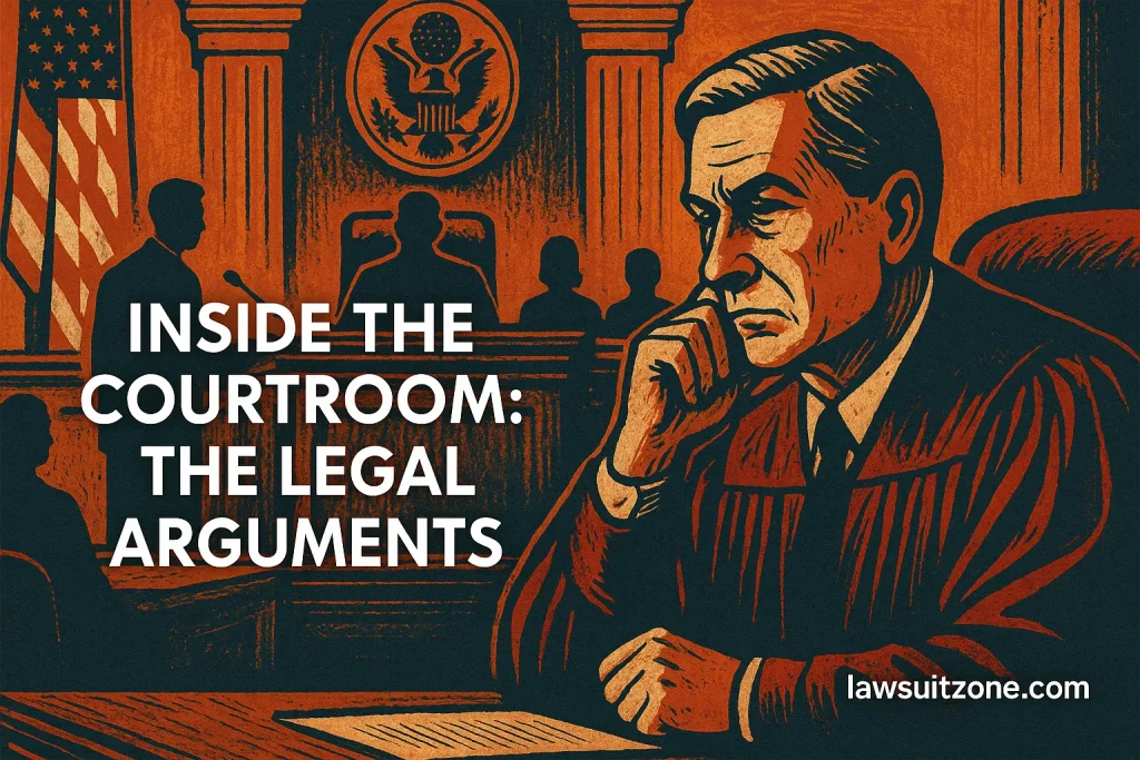 Illustration of a judge and attorney in a courtroom symbolizing the legal proceedings and debate over the Capitol Plaque Lawsuit.