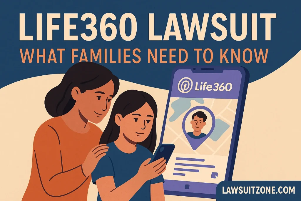 Illustration showing a mother and daughter using the Life360 app on a smartphone, highlighting app features like location sharing and family safety, branded lawsuitzone.com.