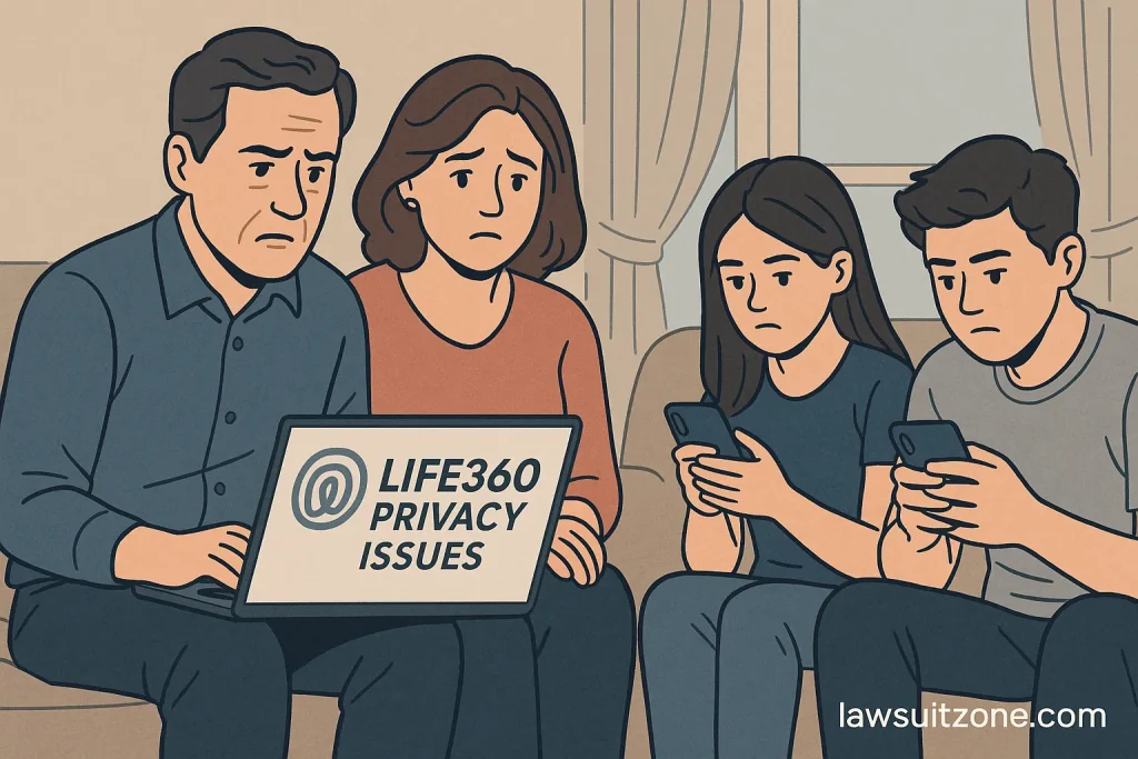 Illustration showing a worried family discussing Life360 privacy issues — parents looking at news on a laptop while teens check the app on their phones, branded lawsuitzone.com.