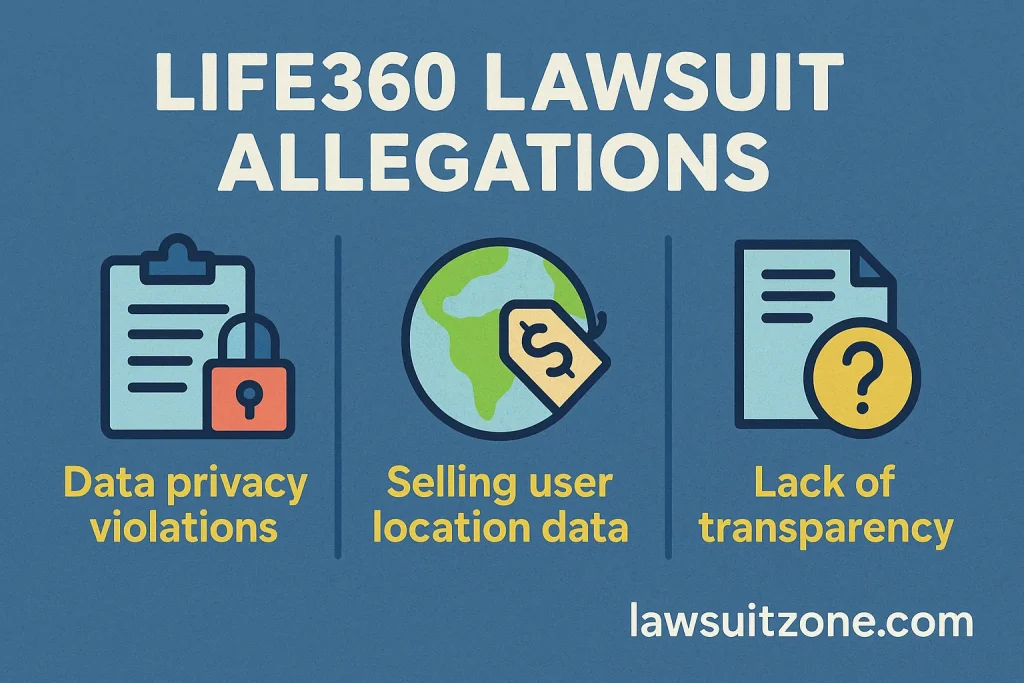 Infographic with icons showing key allegations in the Life360 lawsuit data privacy violations, selling user location data, and lack of transparency, branded lawsuitzone.com.