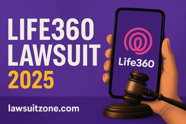 Bold digital illustration showing Life360 app logo on smartphone beside a judge’s gavel with text “Life360 Lawsuit 2025,” branded lawsuitzone.com.