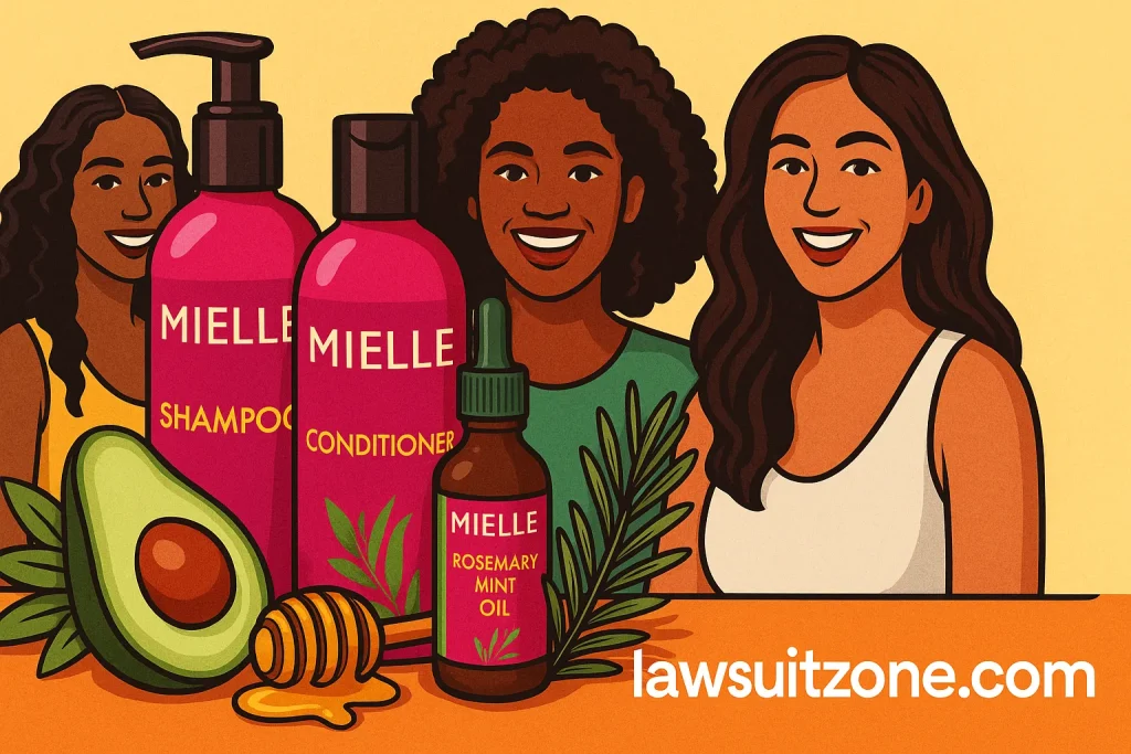 Illustration showing Mielle Organics products like shampoo, conditioner, and rosemary mint oil with avocado, honey, and rosemary, alongside diverse smiling women, branded lawsuitzone.com.