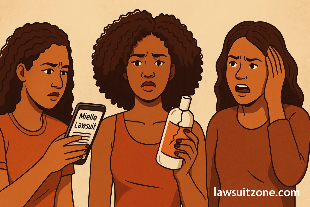 Illustration showing consumers reacting to the Mielle lawsuit — one upset reading news on a phone, another holding a damaged hair product, and a third expressing frustration, branded lawsuitzone.com.