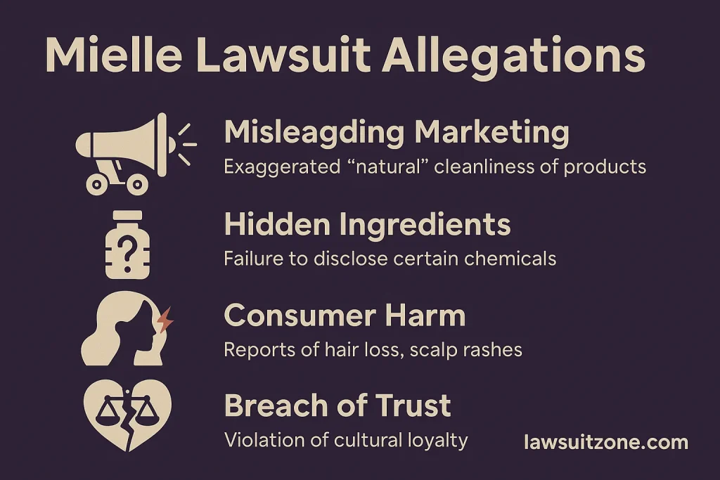 Infographic highlighting Mielle lawsuit allegations such as misleading advertising, hidden ingredients, consumer harm, and breach of trust, with legal icons and branding lawsuitzone.com.