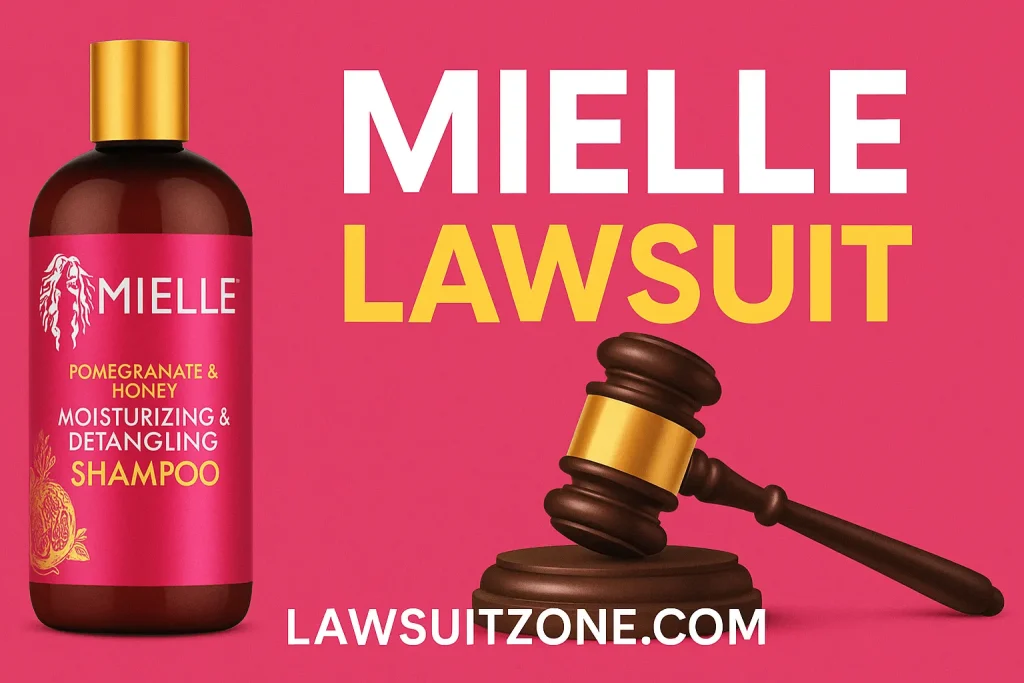 Bold graphic of a Mielle Organics shampoo bottle beside a judge’s gavel with headline text “Mielle Lawsuit,” branded lawsuitzone.com.