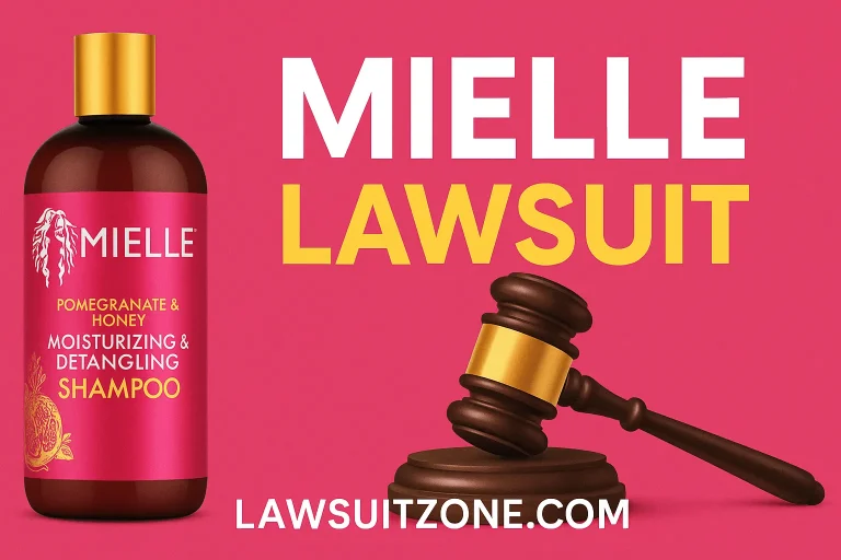 Bold graphic of a Mielle Organics shampoo bottle beside a judge’s gavel with headline text “Mielle Lawsuit,” branded lawsuitzone.com.