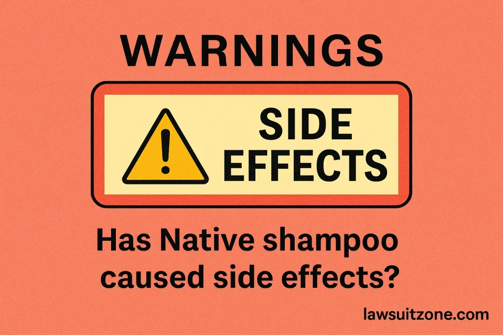 A warning label graphic with the words “Side Effects” and “Has Native shampoo caused side effects?” featuring the website watermark “lawsuitzone.com”.