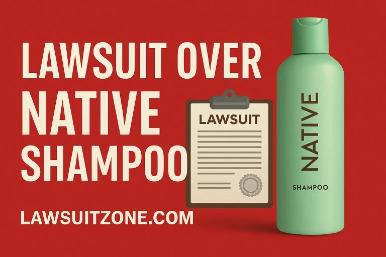 A professional feature image showing shampoo bottles and a courtroom gavel, symbolizing the Native shampoo lawsuit and consumer protection issues.