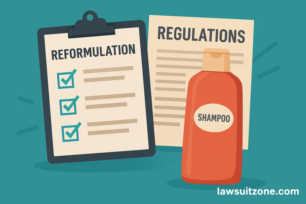 A gavel placed beside shampoo and cosmetic bottles on a courtroom desk, representing the legal oversight of the beauty industry in the Native shampoo lawsuit, featuring the “lawsuitzone.com” watermark.