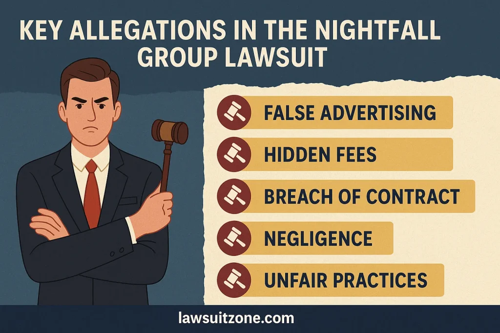 Infographic highlighting key allegations in the Nightfall Group lawsuit: false advertising, hidden fees, breach of contract, negligence, and unfair practices, branded lawsuitzone.com.