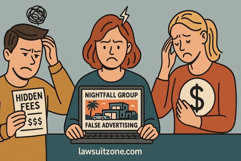 Illustration showing three frustrated consumers: one holding hidden fee bills, another upset with false advertising on a laptop, and a third stressed about money, branded lawsuitzone.com.