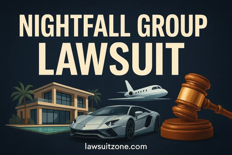 Graphic showing a luxury villa, private jet, sports car, and judge’s gavel under bold text “Nightfall Group Lawsuit,” branded lawsuitzone.com.