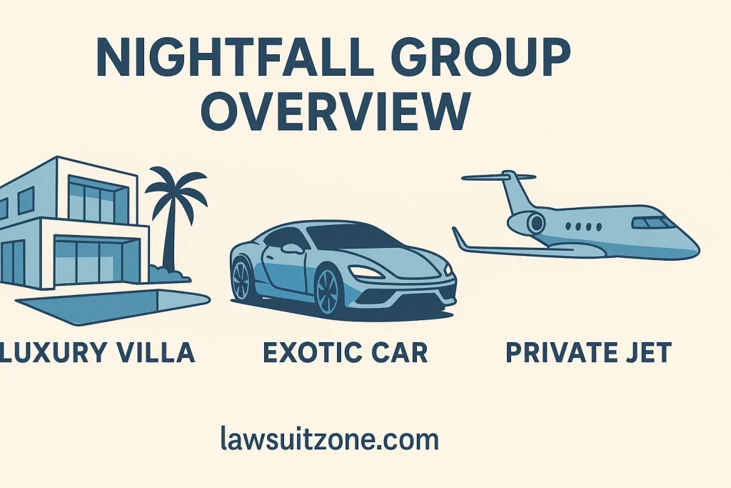 Flat-style illustration showing Nightfall Group’s luxury offerings including a modern villa, exotic car, and private jet, branded lawsuitzone.com.