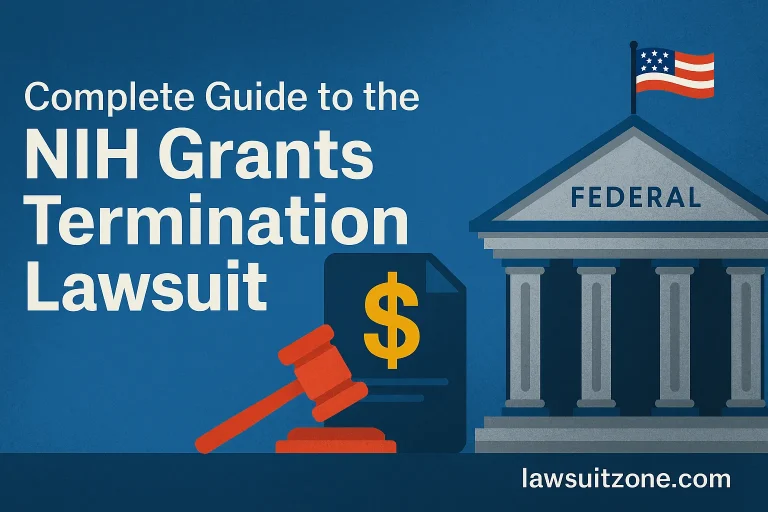 Illustration of the NIH Grants Termination Lawsuit featuring a courthouse, gavel, and funding icon with lawsuitzone.com watermark.