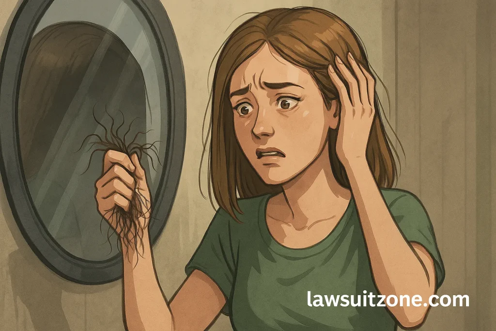 Semi-realistic illustration of a distressed woman holding clumps of hair in front of a mirror, symbolizing consumer impact from Olaplex products, branded lawsuitzone.com.