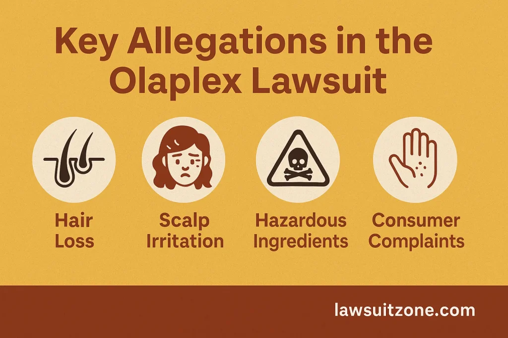Infographic highlighting key allegations in the Olaplex lawsuit with icons for hair loss, scalp irritation, hazardous ingredients, and consumer complaints, branded lawsuitzone.com.