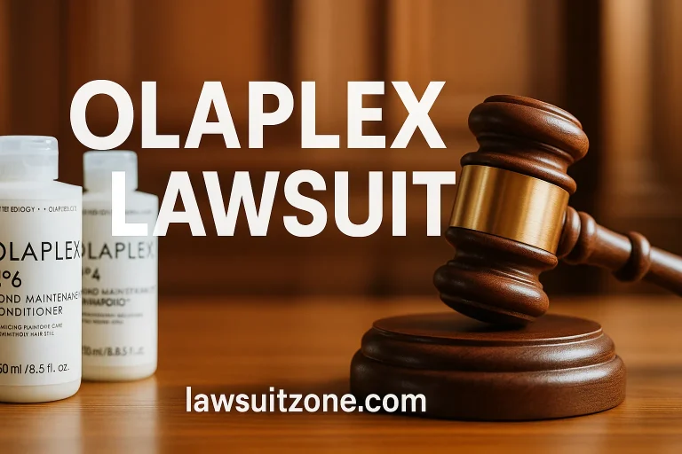 Feature image showing Olaplex haircare bottles with a judge’s gavel on a courtroom desk, text “Olaplex Lawsuit,” branded with lawsuitzone.com.